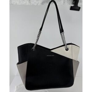 Michael Kors Jet Set Lg Saffiano Leather Work Tote Bag Colorblock Black Cream